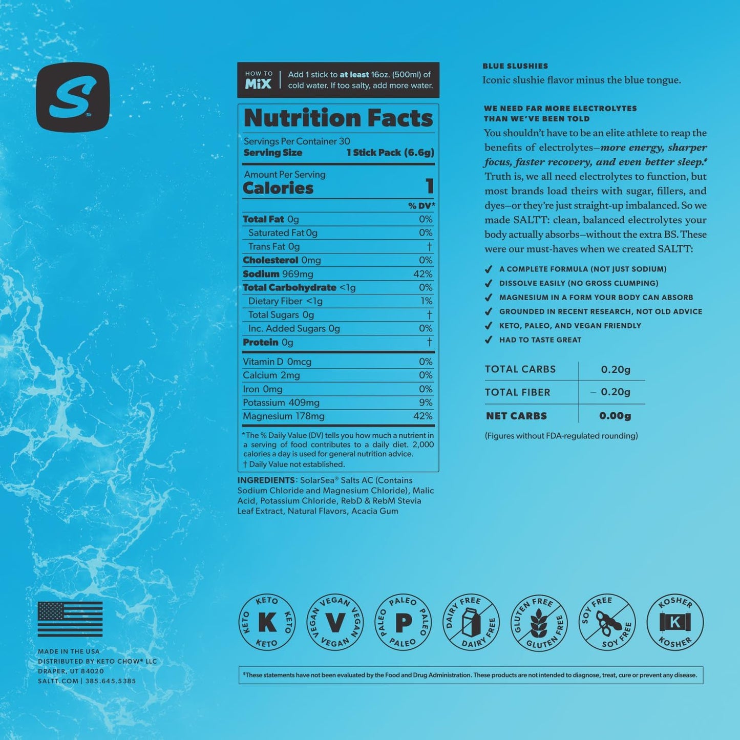 SALTT Blue Slushies 30 Pack - Electrolyte Powder Drink Mix