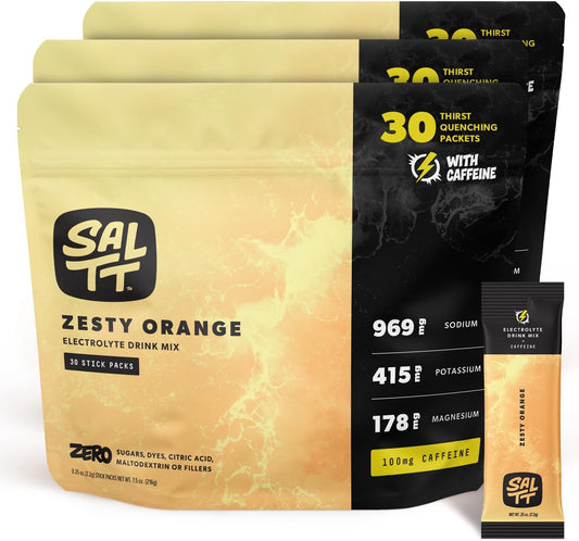 SALTT Zesty Orange + Caffeine - Electrolyte Powder Drink Mix - 30 Pack and Single Stick
