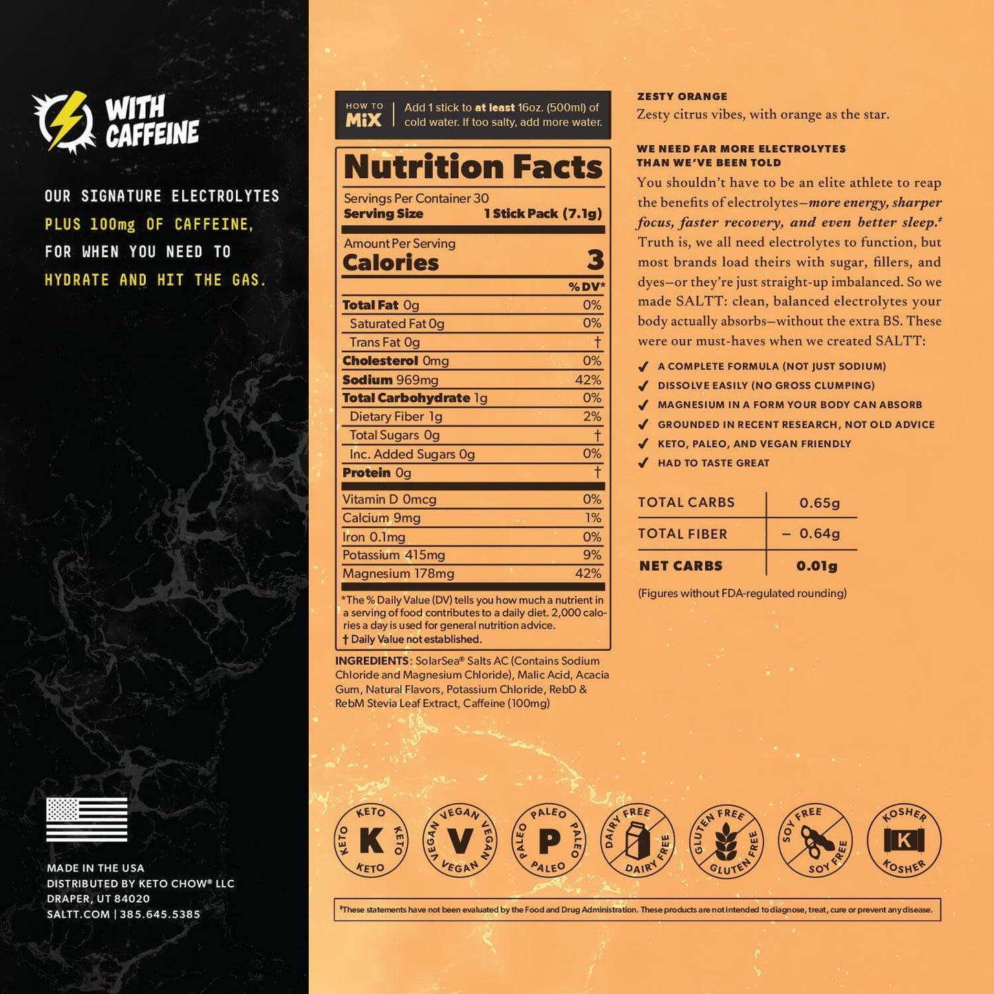 SALTT Zesty Orange + Caffeine - Electrolyte Powder Drink Mix - 30 Pack and Single Stick