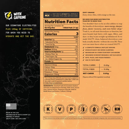 SALTT Zesty Orange + Caffeine - Electrolyte Powder Drink Mix - 30 Pack and Single Stick