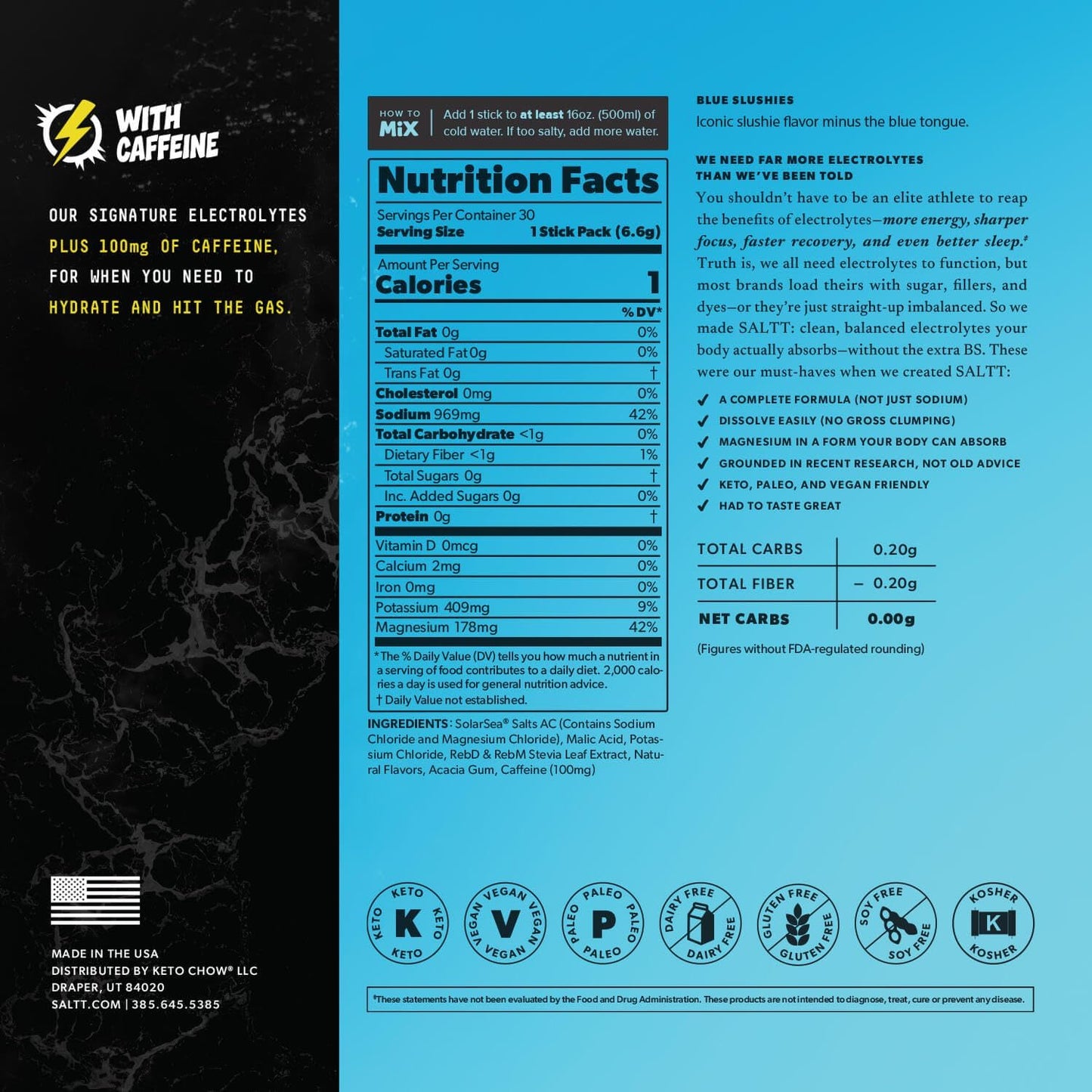 SALTT Blue Slushies + Caffeine- Electrolyte Powder Drink Mix - 30 Pack and Single Stick Options