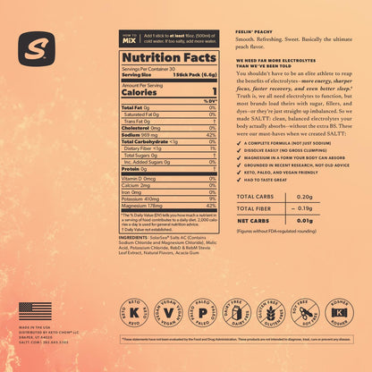 SALTT Feelin' Peachy - Electrolyte Powder Drink Mix - 30 Pack and Single Stick Options