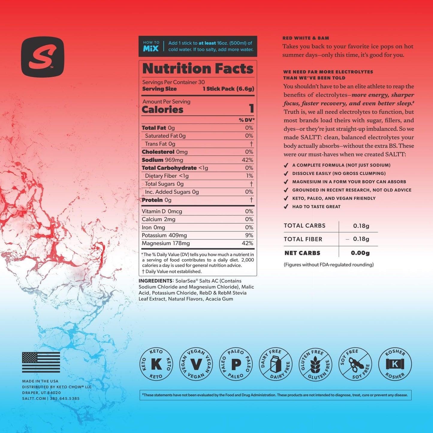 SALTT Red White and Bam - Electrolyte Powder Drink Mix - 30 Pack and Single Stick Options