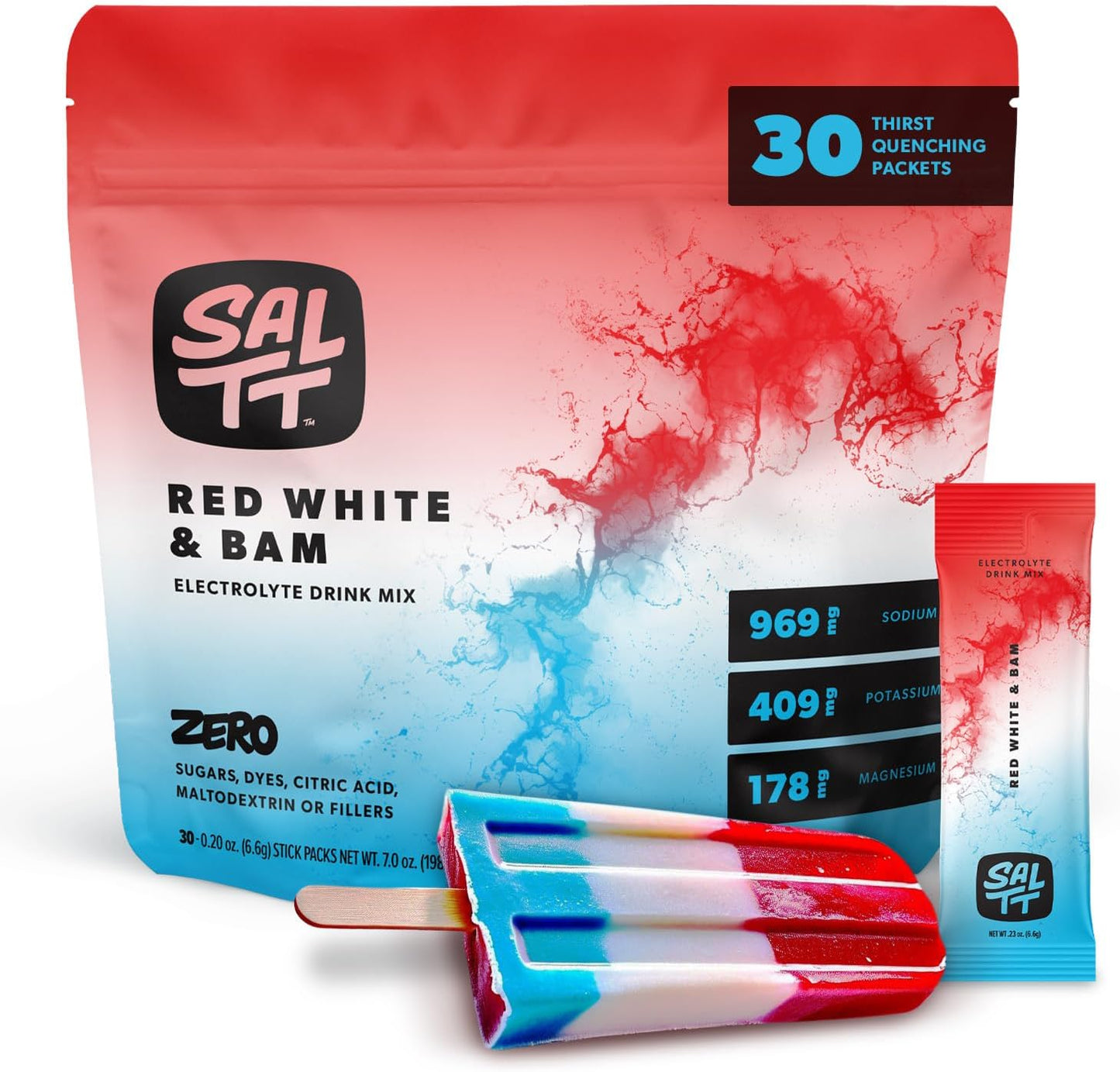 SALTT Red White and Bam - Electrolyte Powder Drink Mix - 30 Pack and Single Stick Options