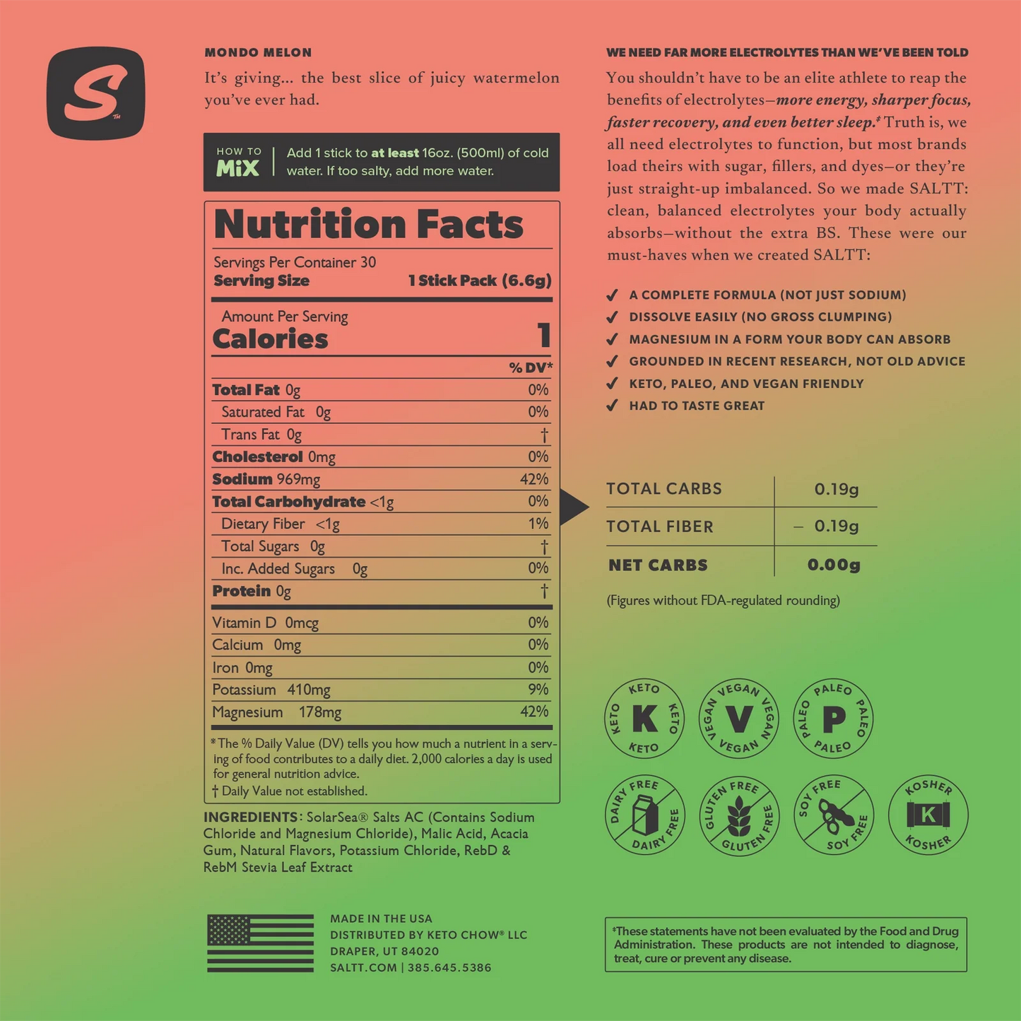 SALTT Mondo Melon - Electrolyte Powder Drink Mix - 30 Pack and Single Stick Options